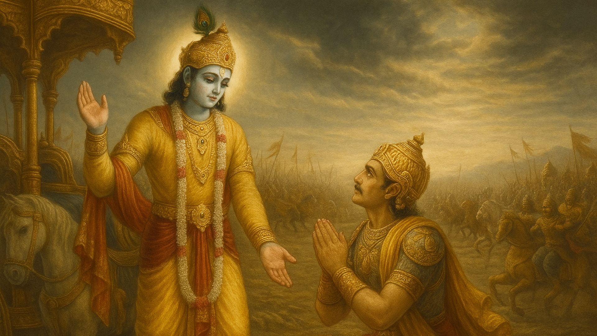 कृष्ण जन्माष्टमी 2025 कृष्ण की 10 प्रसिद्ध लीलाएं जो आज भी प्रेरणा देती हैं Shri Krishna giving Geeta Updesh to Arjun in the battlefield of Kurukshetra