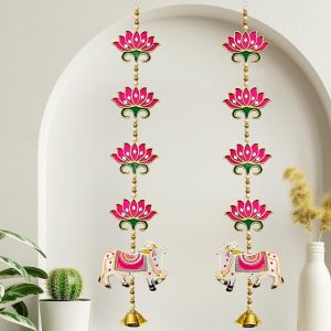 Wood Door Decoration Items Hanging, 2 Pieces | 26 Inch | Entry Door Decorative Items, Pooja Decor Items, Handmade Pink Lotus with Cow Hanging for Home Decoration