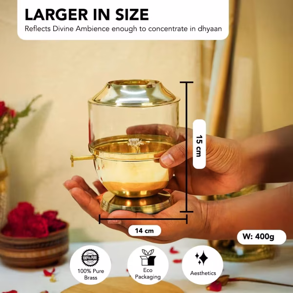 Akhand Jyot Diya with Adjustable Bati Knob, Wick Lifting Screw Lever, Glass Cover (Large Size, 250 ml Oil Capacity, Stay Lit for 48 Hours, Wick Included, Authentic Borosilicate) - Image 7