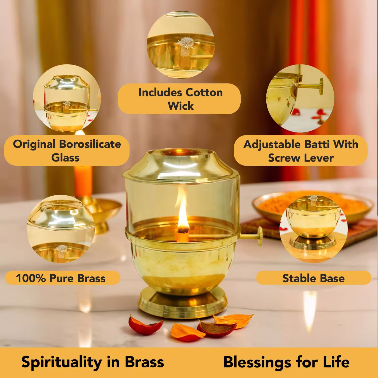 Akhand Jyot Diya with Adjustable Bati Knob, Wick Lifting Screw Lever, Glass Cover (Large Size, 250 ml Oil Capacity, Stay Lit for 48 Hours, Wick Included, Authentic Borosilicate) 6 Akhand Jyot Diya with Adjustable Bati Knob, Wick Lifting Screw Lever, Glass Cover (Large Size, 250 ml Oil Capacity, Stay Lit for 48 Hours, Wick Included, Authentic Borosilicate) - Image 6