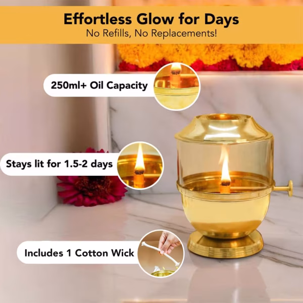 Akhand Jyot Diya with Adjustable Bati Knob, Wick Lifting Screw Lever, Glass Cover (Large Size, 250 ml Oil Capacity, Stay Lit for 48 Hours, Wick Included, Authentic Borosilicate) - Image 4
