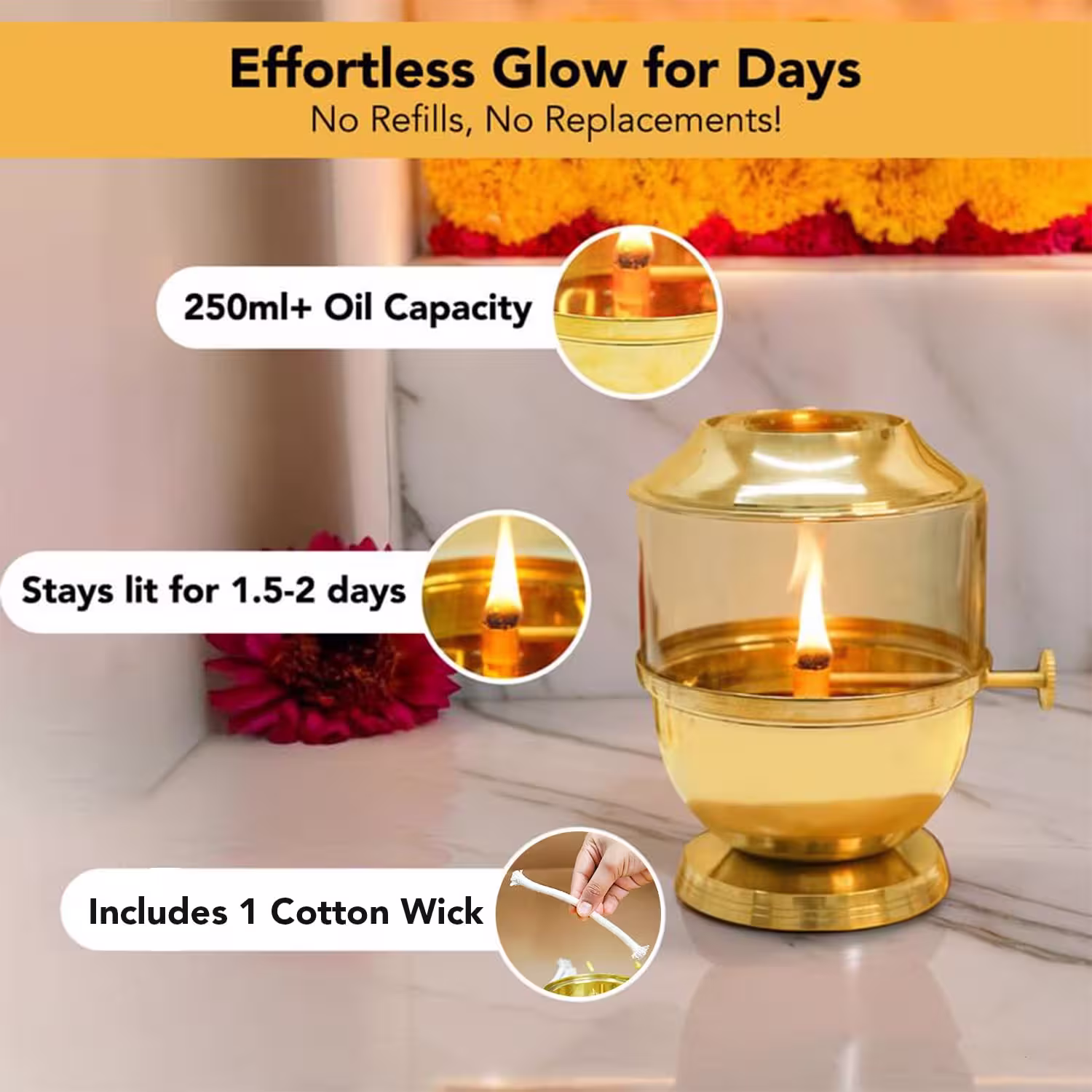 Akhand Jyot Diya with Adjustable Bati Knob, Wick Lifting Screw Lever, Glass Cover (Large Size, 250 ml Oil Capacity, Stay Lit for 48 Hours, Wick Included, Authentic Borosilicate) 4 Akhand Jyot Diya with Adjustable Bati Knob, Wick Lifting Screw Lever, Glass Cover (Large Size, 250 ml Oil Capacity, Stay Lit for 48 Hours, Wick Included, Authentic Borosilicate) - Image 4