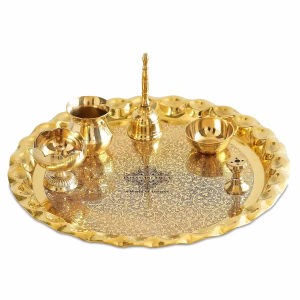 Pure Brass Pooja Thali Set with Floral Vines Embossed Design, Religious Spiritual Item, Home Temple, DIameter-10.1" Inch