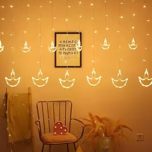 Decorative Diya Diwali Light Curtain, String Lights with 12 Hanging Diyas, 8 Flashing Modes - 2.5 Meter (1 Curtain) 138 Led