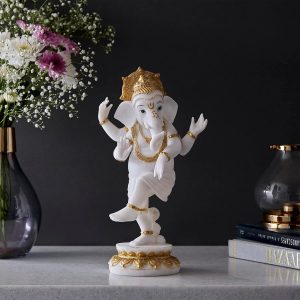 White Textured Polyresin Dancing Pose Ganesha Figurine