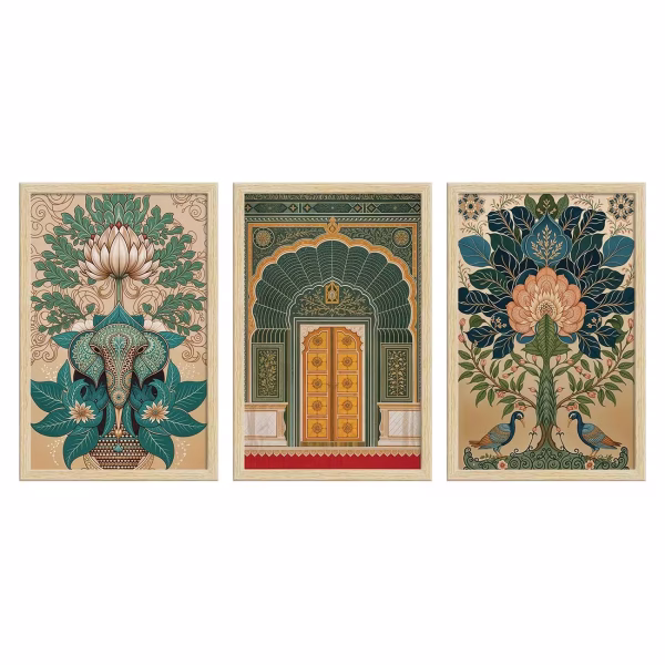 Madhubani Art Paintings with Frame for Home Decor, Natural Wood Color, Set of 3 - Image 6