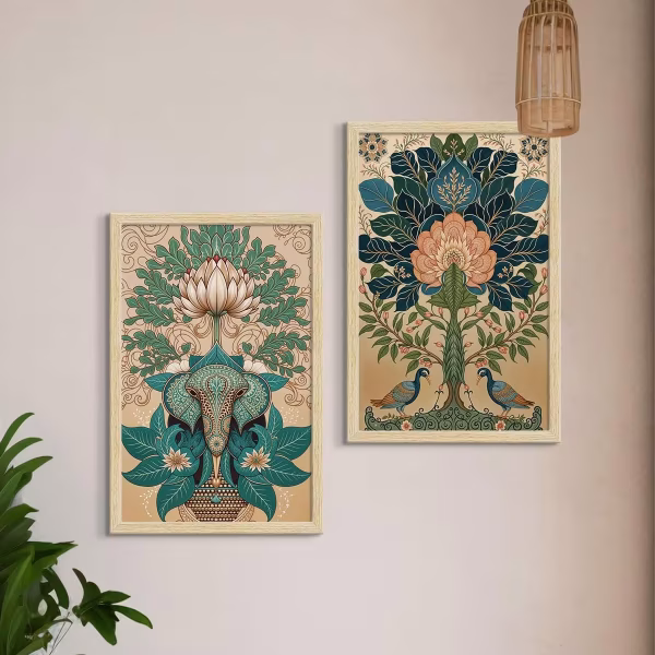 Madhubani Art Paintings with Frame for Home Decor, Natural Wood Color, Set of 3 - Image 4