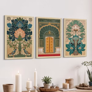 Madhubani Art Paintings with Frame for Home Decor, Natural Wood Color, Set of 3