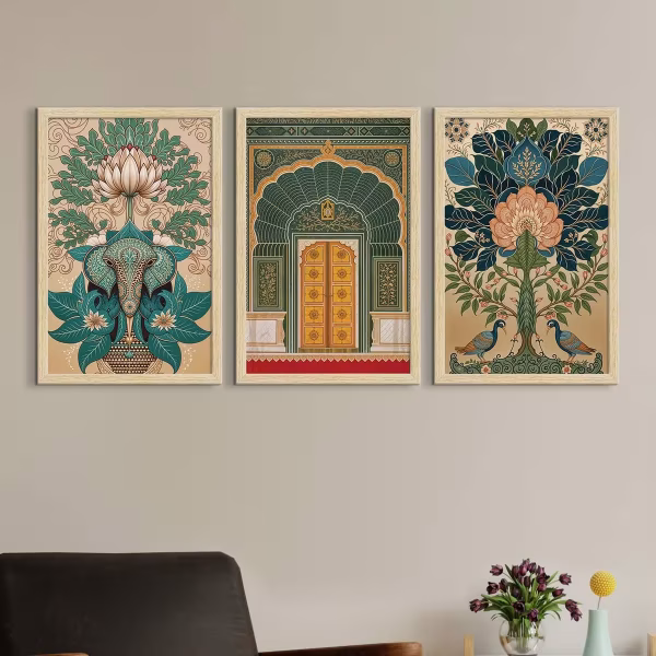 Madhubani Art Paintings with Frame for Home Decor, Natural Wood Color, Set of 3 - Image 2