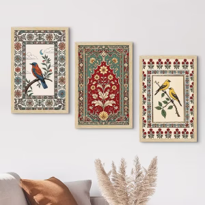 Madhubani Paintings with Frame for Home Decor Wall Art,  Natural Wood Color Frames, 12.0x18.0 inch, Set of 3