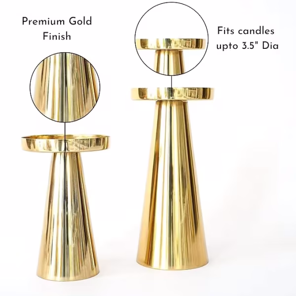 Large Metal Pillar Candle Holders| Candles Stand for Diwali Home Decor Gift | Golden, Set of 2 - Image 4
