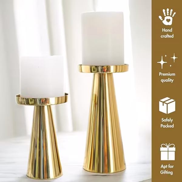 Large Metal Pillar Candle Holders| Candles Stand for Diwali Home Decor Gift | Golden, Set of 2 - Image 3