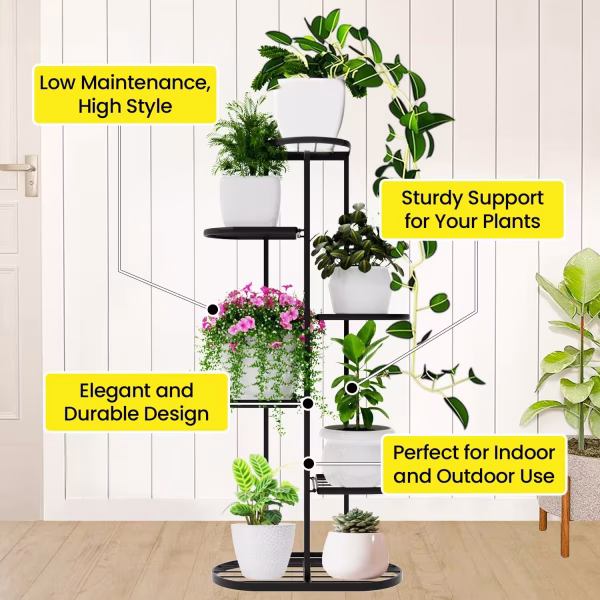 Metal MURRANO Multi-Tiered Plant Stand for Balcony (Black),Planter Stand for Living Room 7 Pot Holders - Image 4