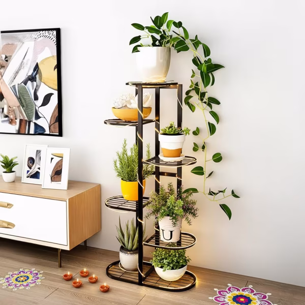 Metal MURRANO Multi-Tiered Plant Stand for Balcony (Black),Planter Stand for Living Room 7 Pot Holders