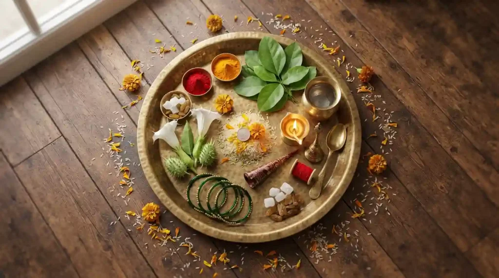 Traditional puja samagri items for Hariyali Teej ritual