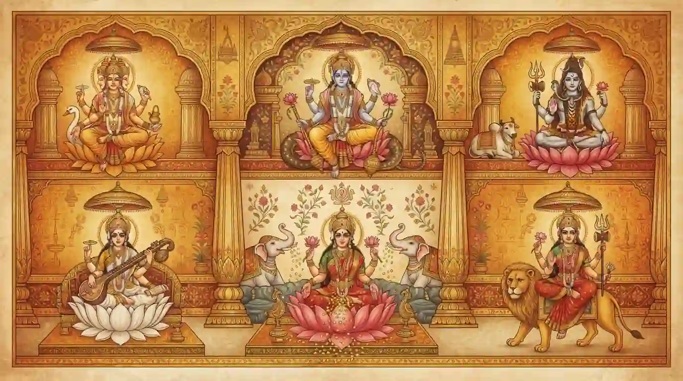 hindu gods and goddesses list – trimurti and tridevi illustration