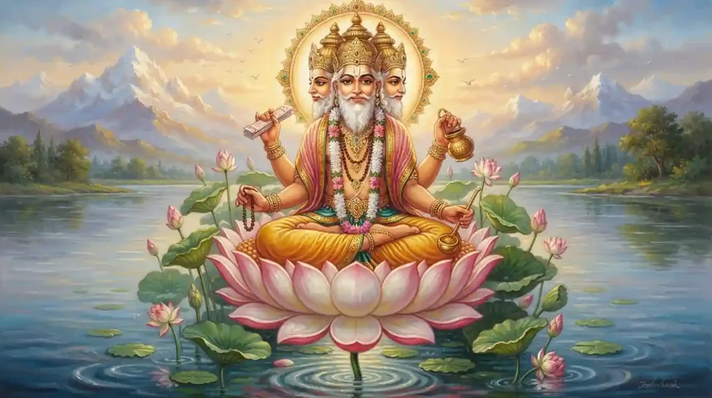 Lord Brahma seated on a lotus with four heads, the creator god in Hinduism