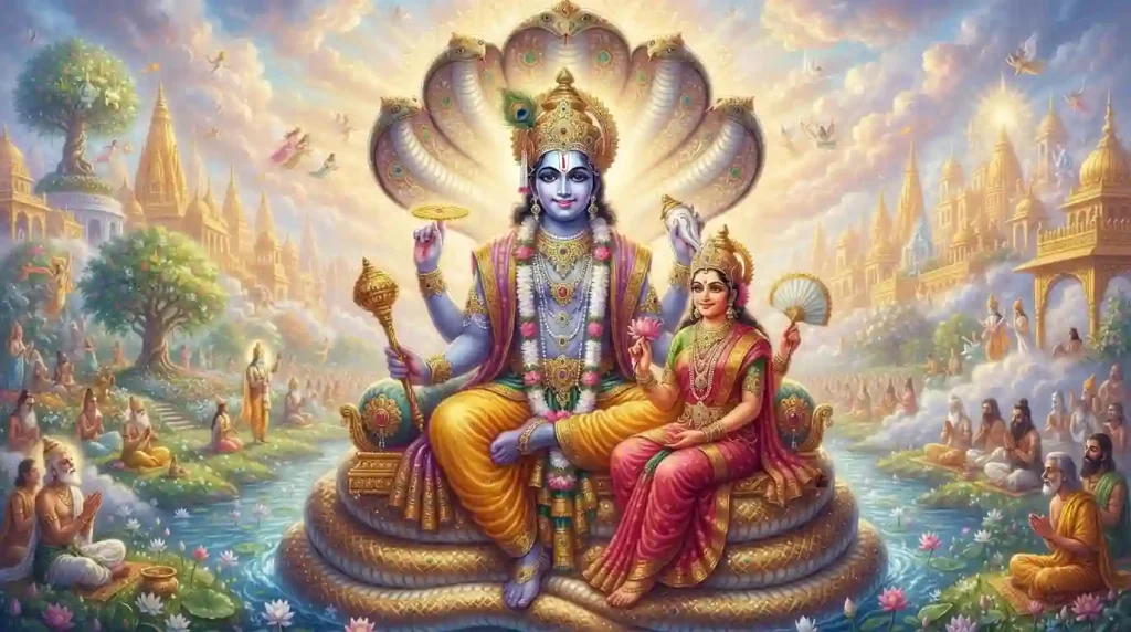 Lord Vishnu resting in Vaikuntha holding the discus, conch, mace, and lotus